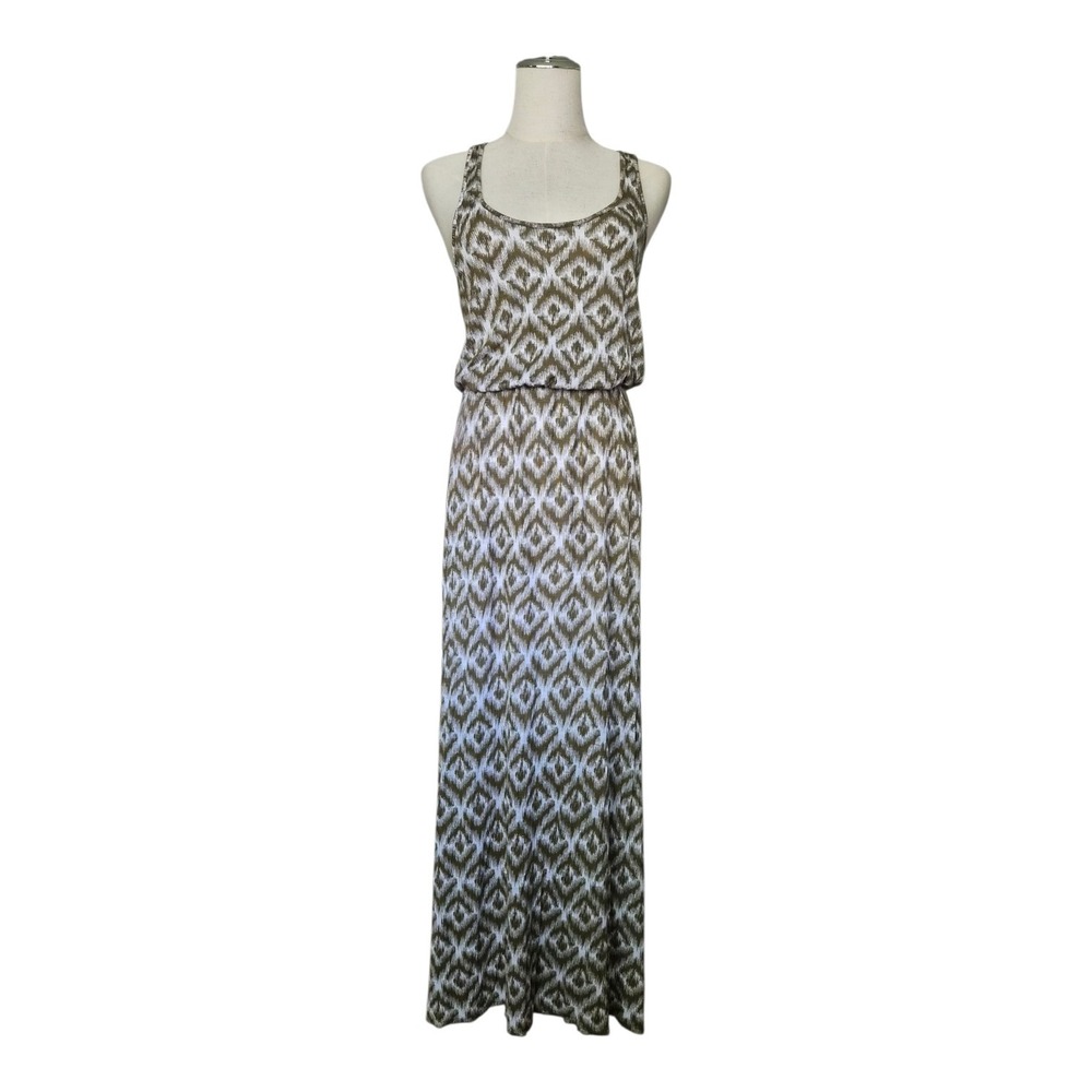 Michael Stars Maxi Dress Ikat Olive Green Racerback Sleeveless Stretch OS